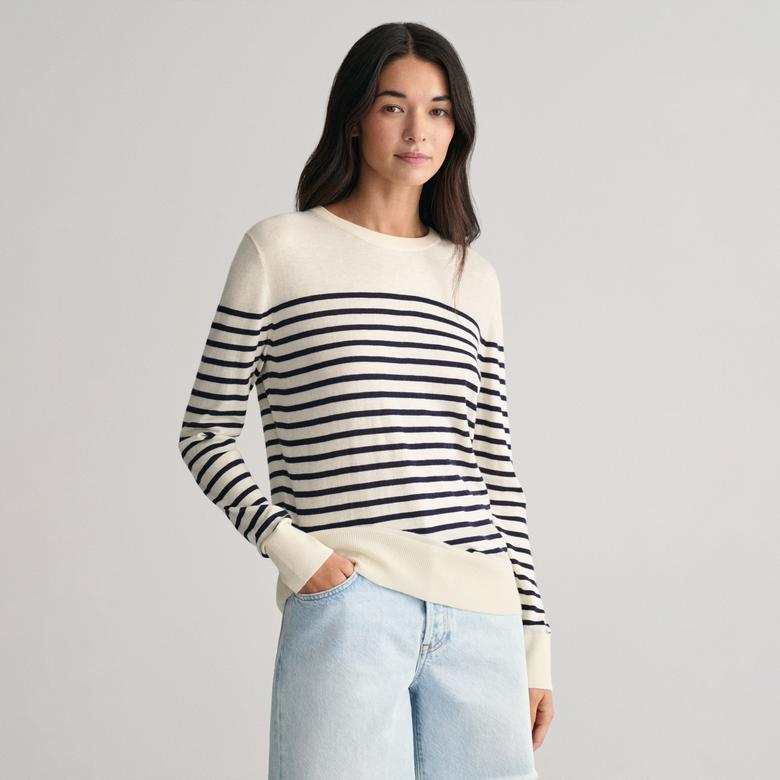 GANT Kadın Krem Regular Fit Bisiklet Yaka Çizgili Kazak