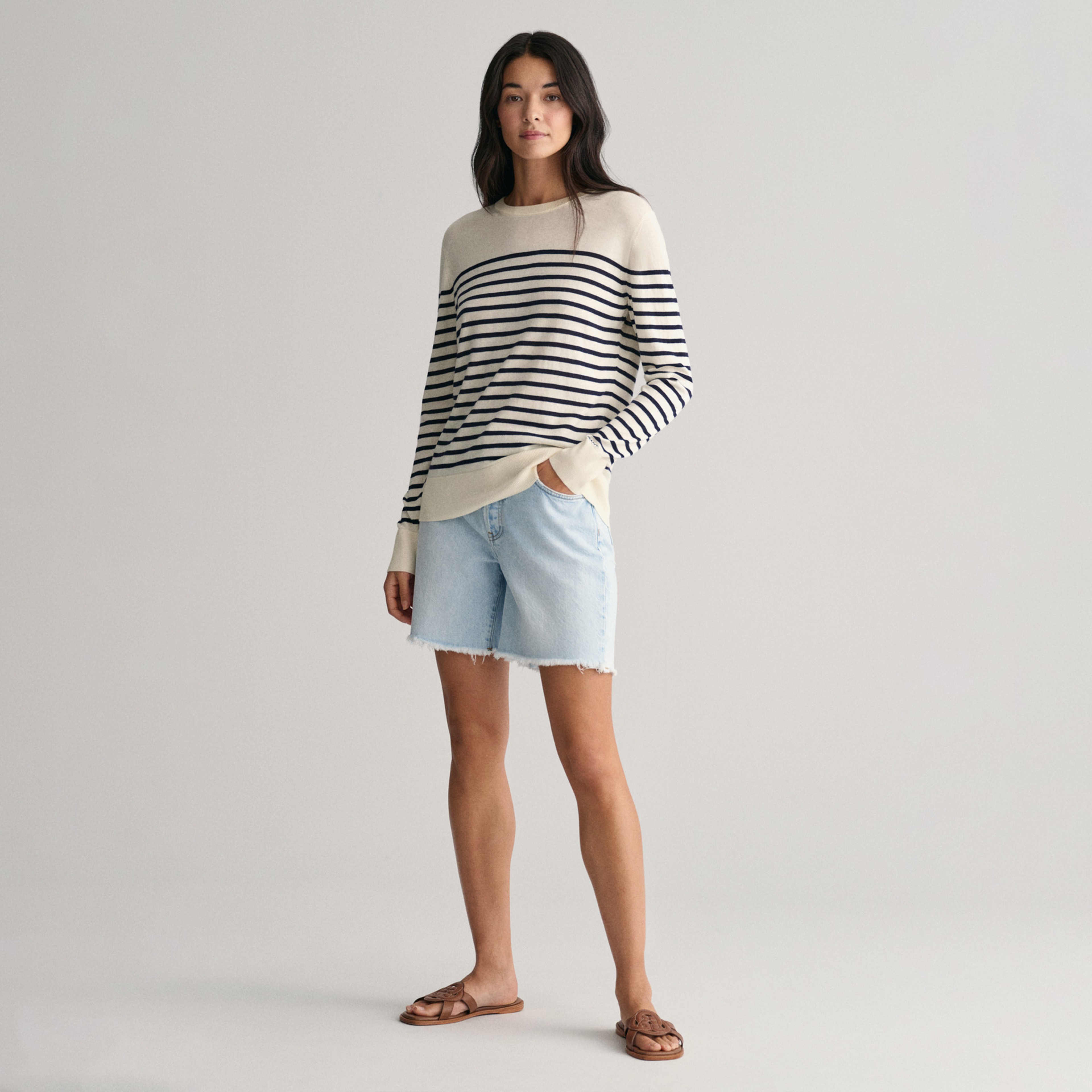 GANT Kadın Krem Regular Fit Bisiklet Yaka Çizgili Kazak