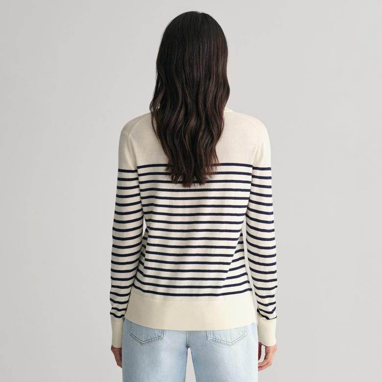 GANT Kadın Krem Regular Fit Bisiklet Yaka Çizgili Kazak