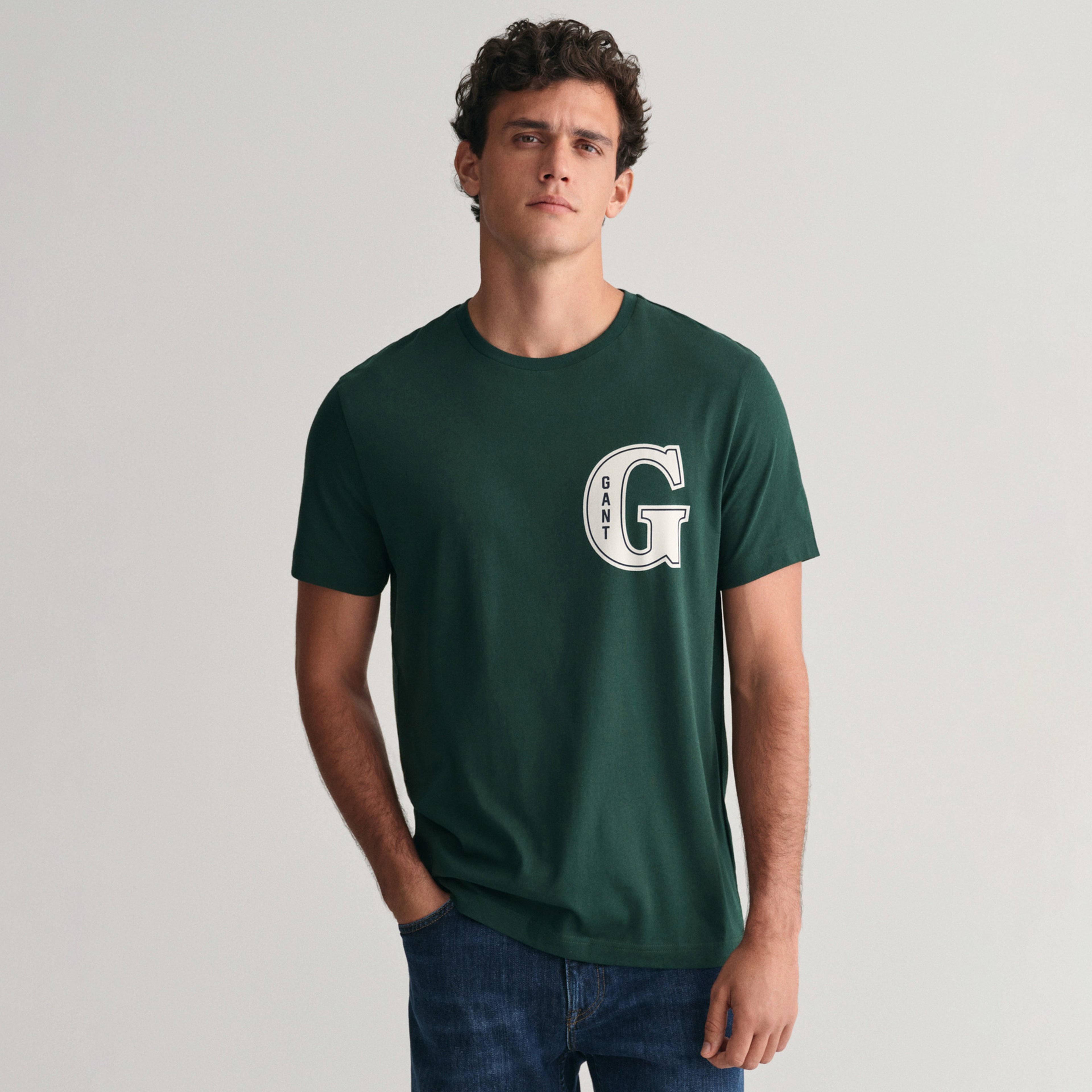 GANT Erkek Yeşil Regular Fit Bisiklet Yaka Logolu T-shirt
