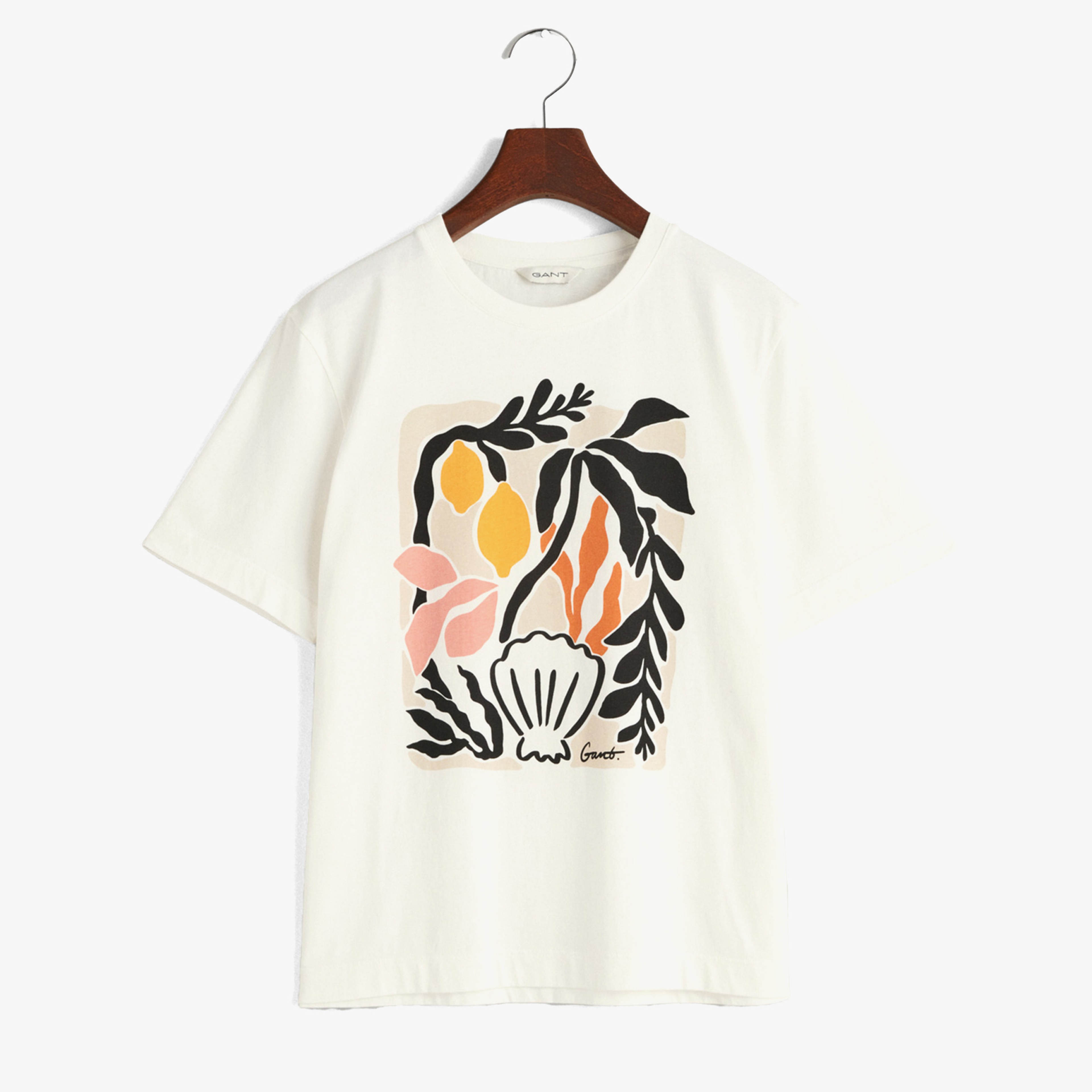 GANT Kadın Krem Relaxed Fit Bisiklet Yaka Desenli T-shirt