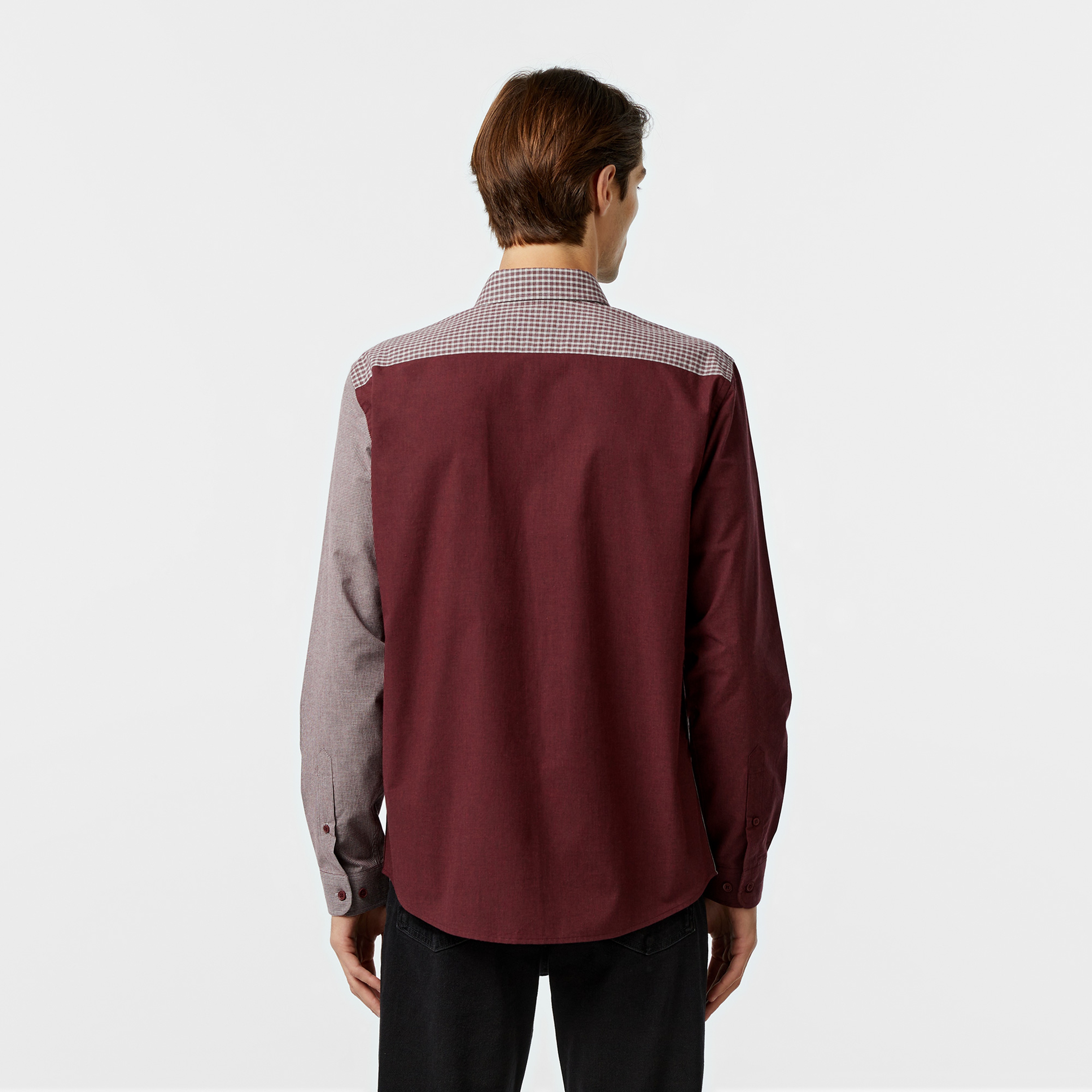 Erkek Relaxed Fit Düğmeli Yaka Ekose Bordo Gömlek