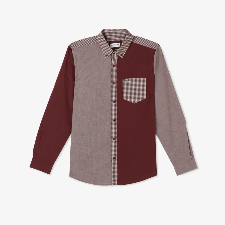 Erkek Relaxed Fit Düğmeli Yaka Ekose Bordo Gömlek