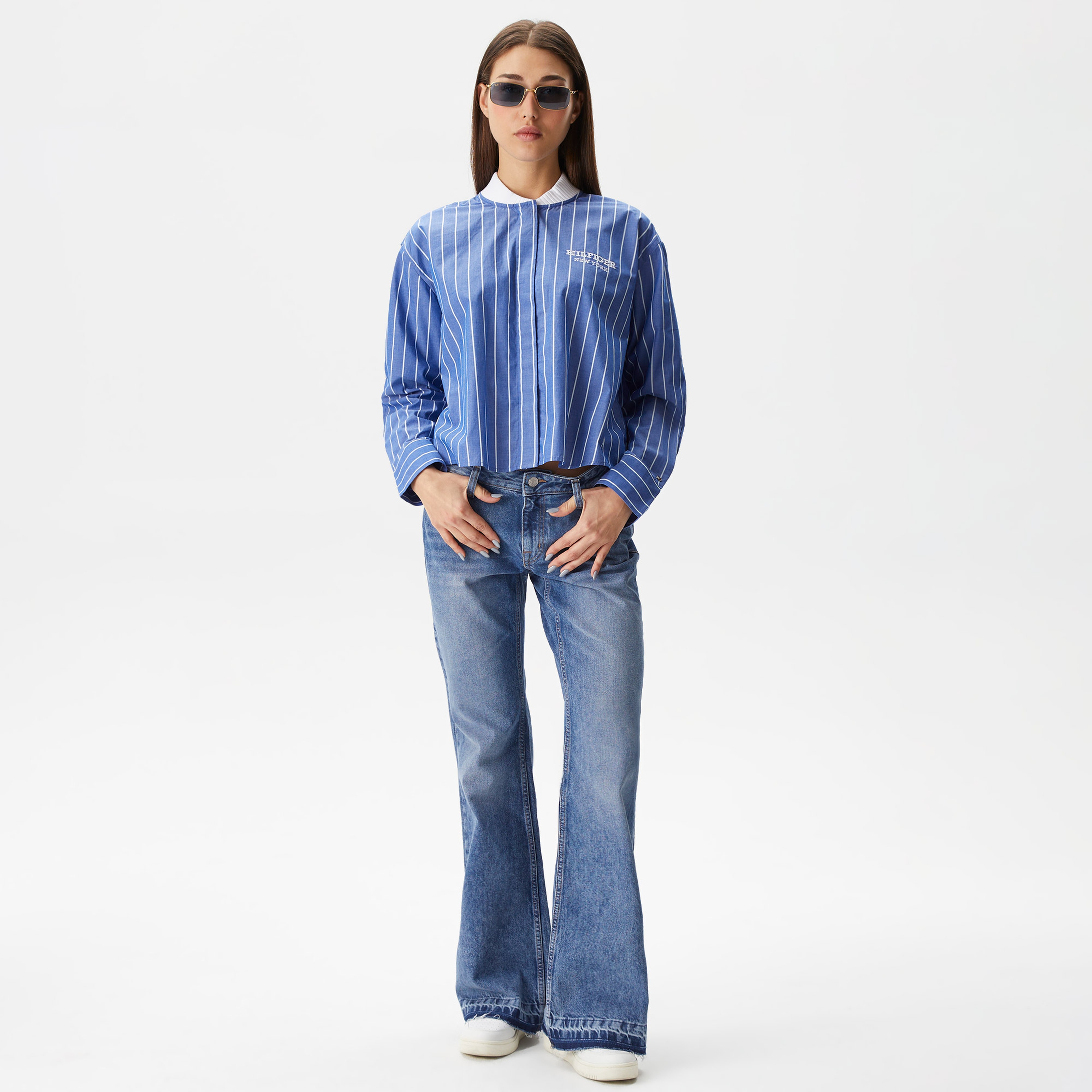 Tommy Hilfiger Baseballipe Rib Neck Kadın Mavi Gömlek