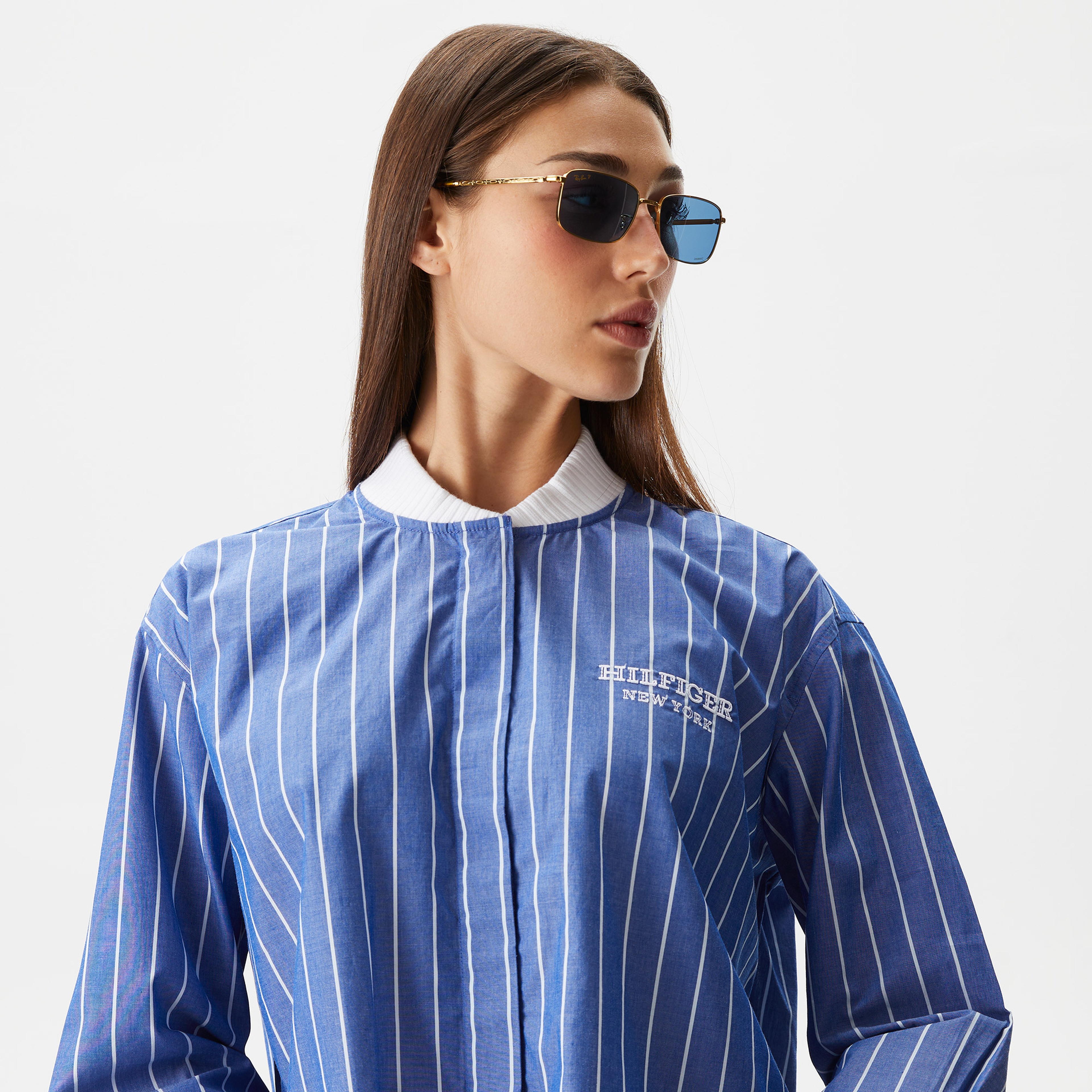 Tommy Hilfiger Baseballipe Rib Neck Kadın Mavi Gömlek