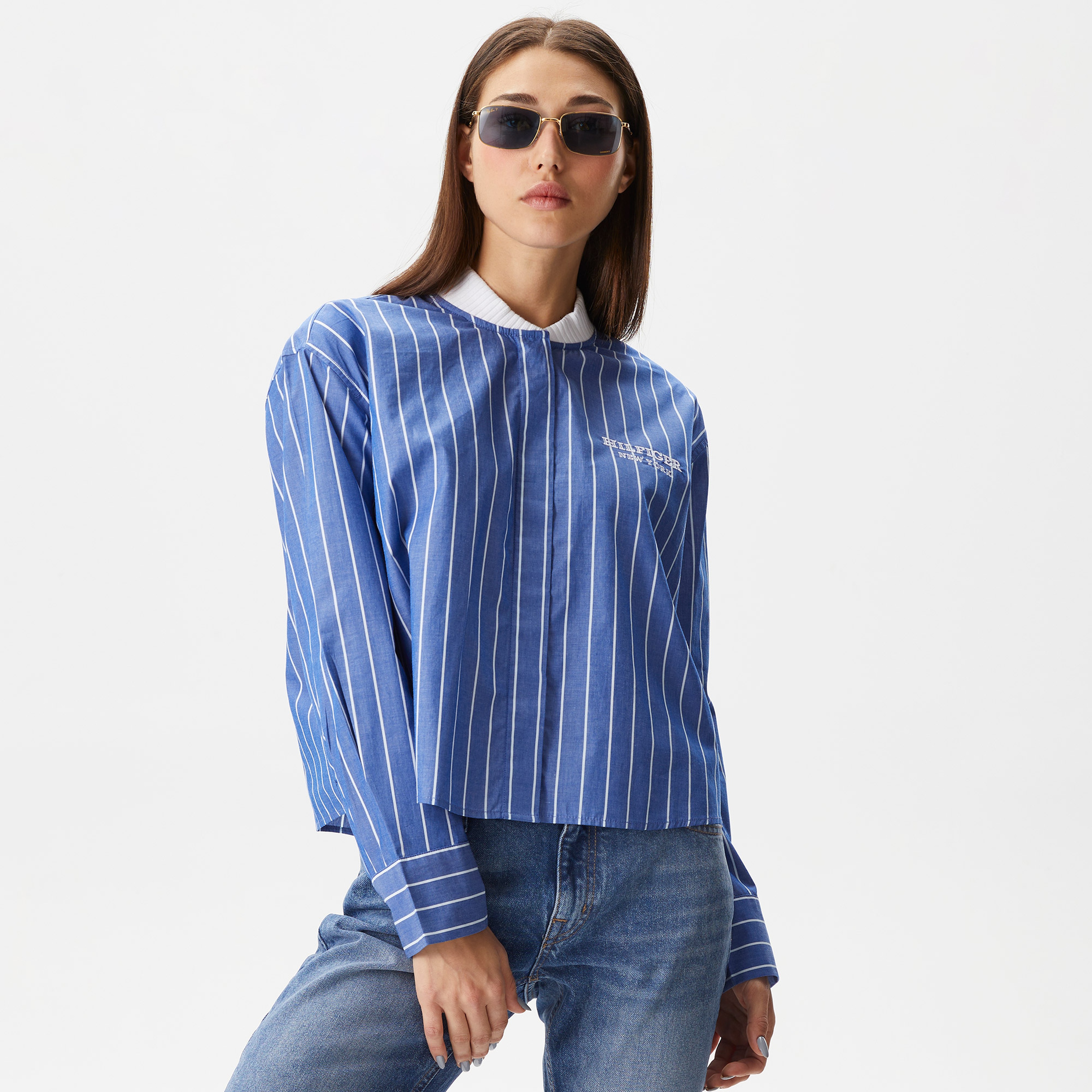 Tommy Hilfiger Baseballipe Rib Neck Kadın Mavi Gömlek