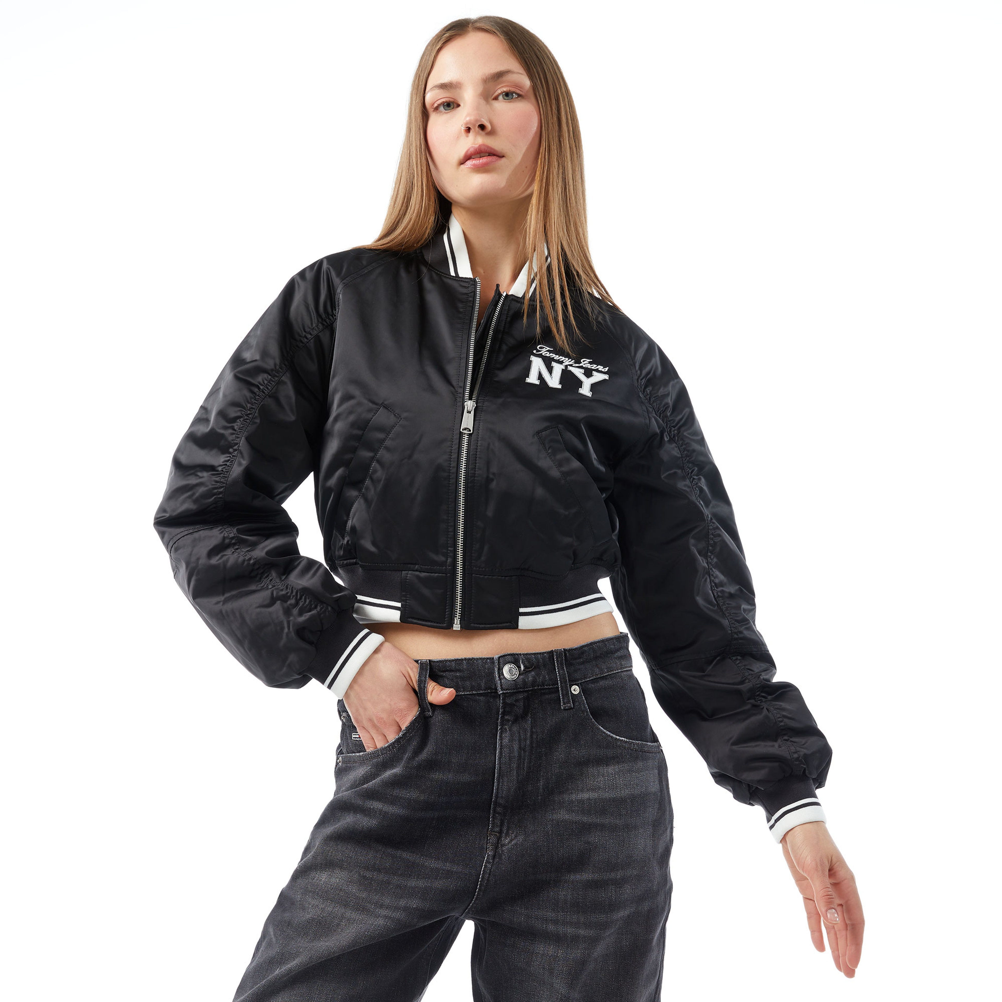 Tommy Jeans Crp Satin Varsity Bomber Kadın Siyah Ceket