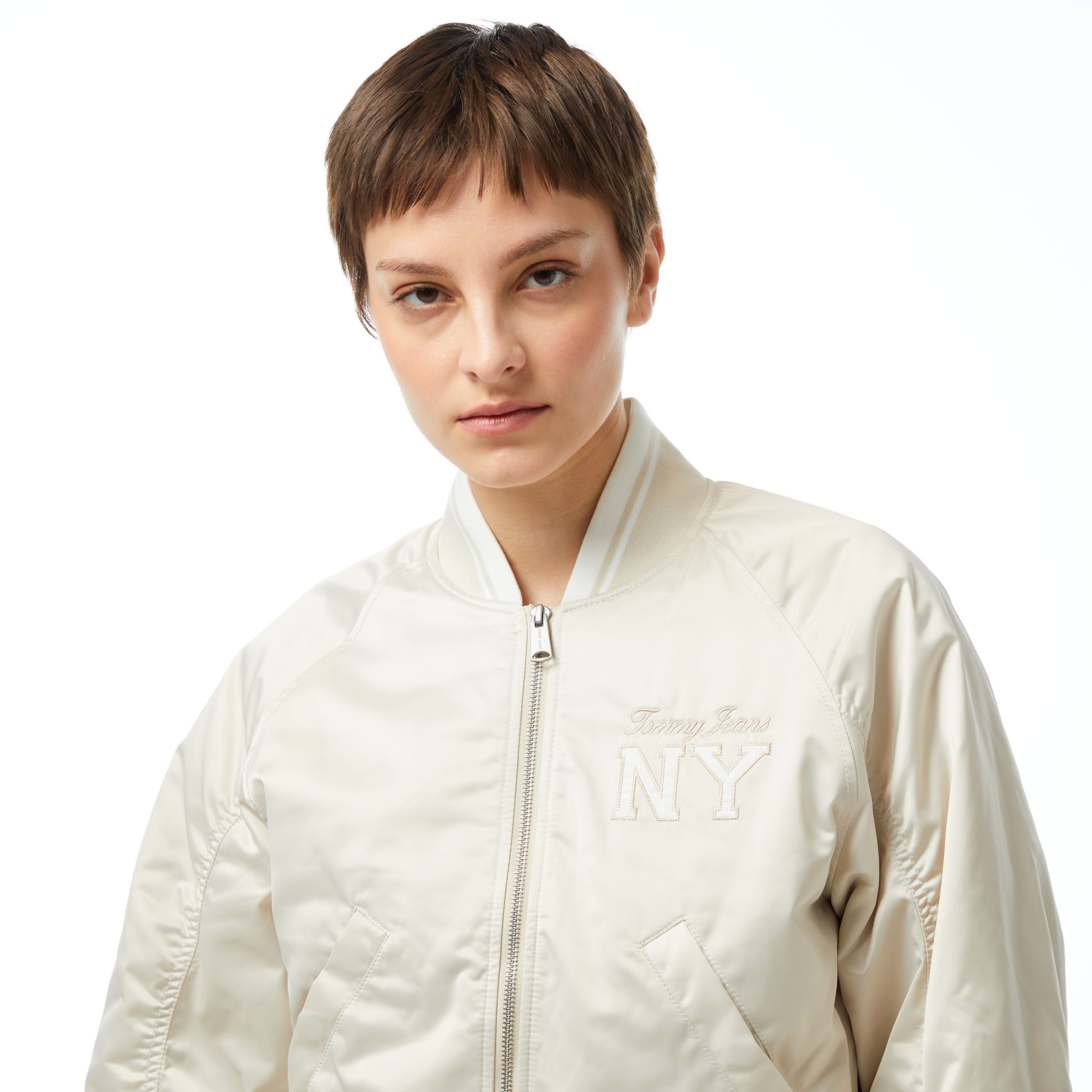 Tommy Jeans Crp Satin Varsity Bomber Kadın Bej Ceket