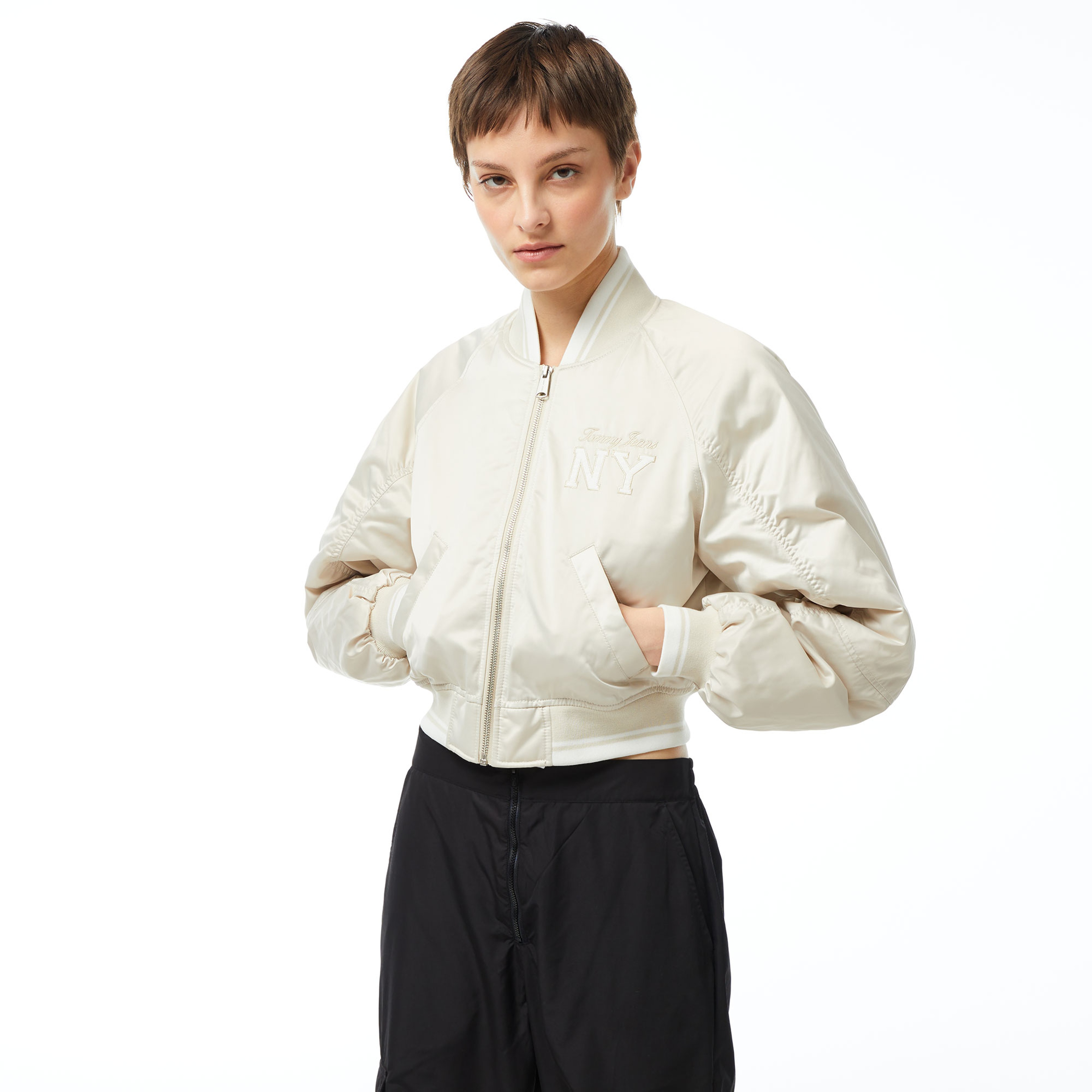 Tommy Jeans Crp Satin Varsity Bomber Kadın Bej Ceket