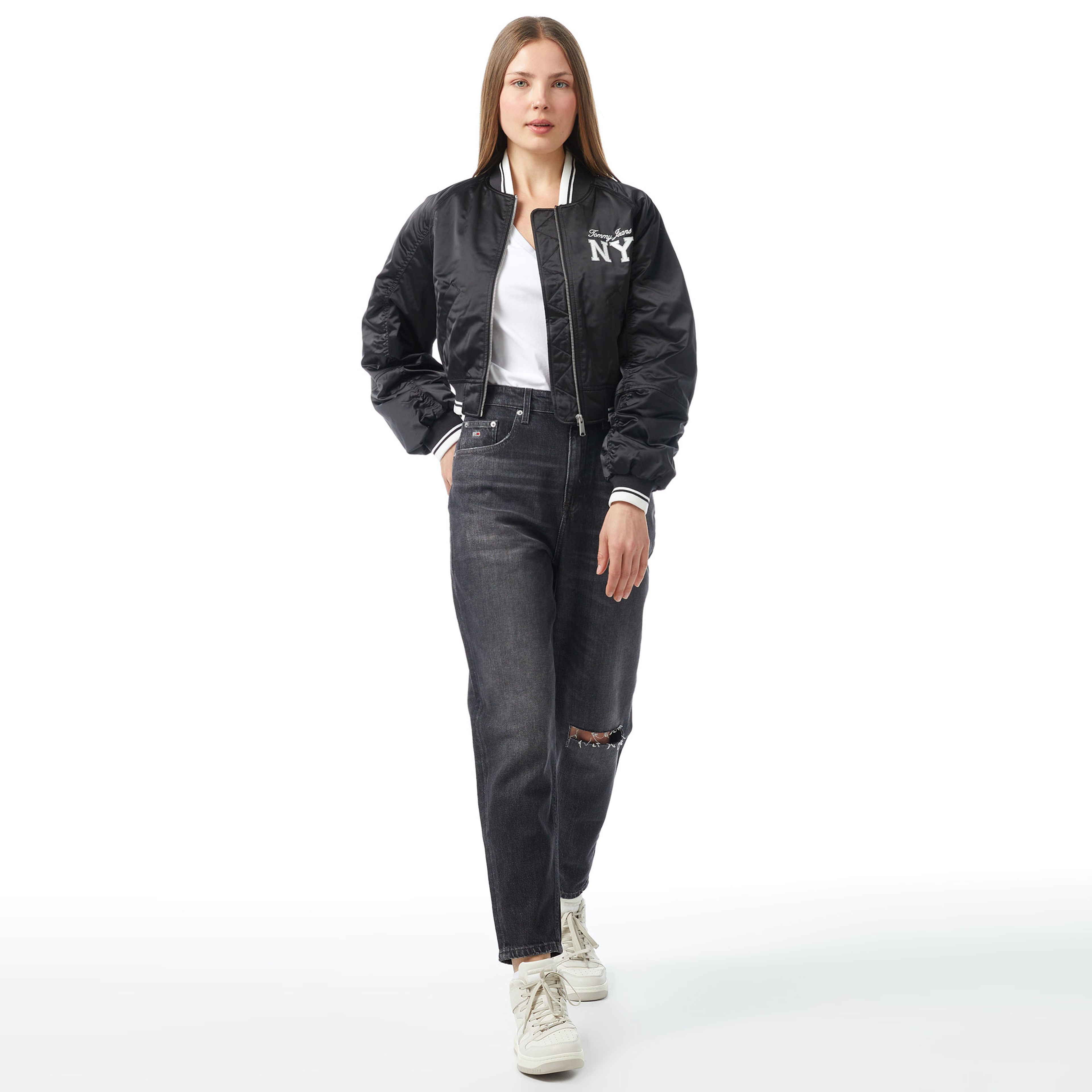 Tommy Jeans Crp Satin Varsity Bomber Kadın Siyah Ceket