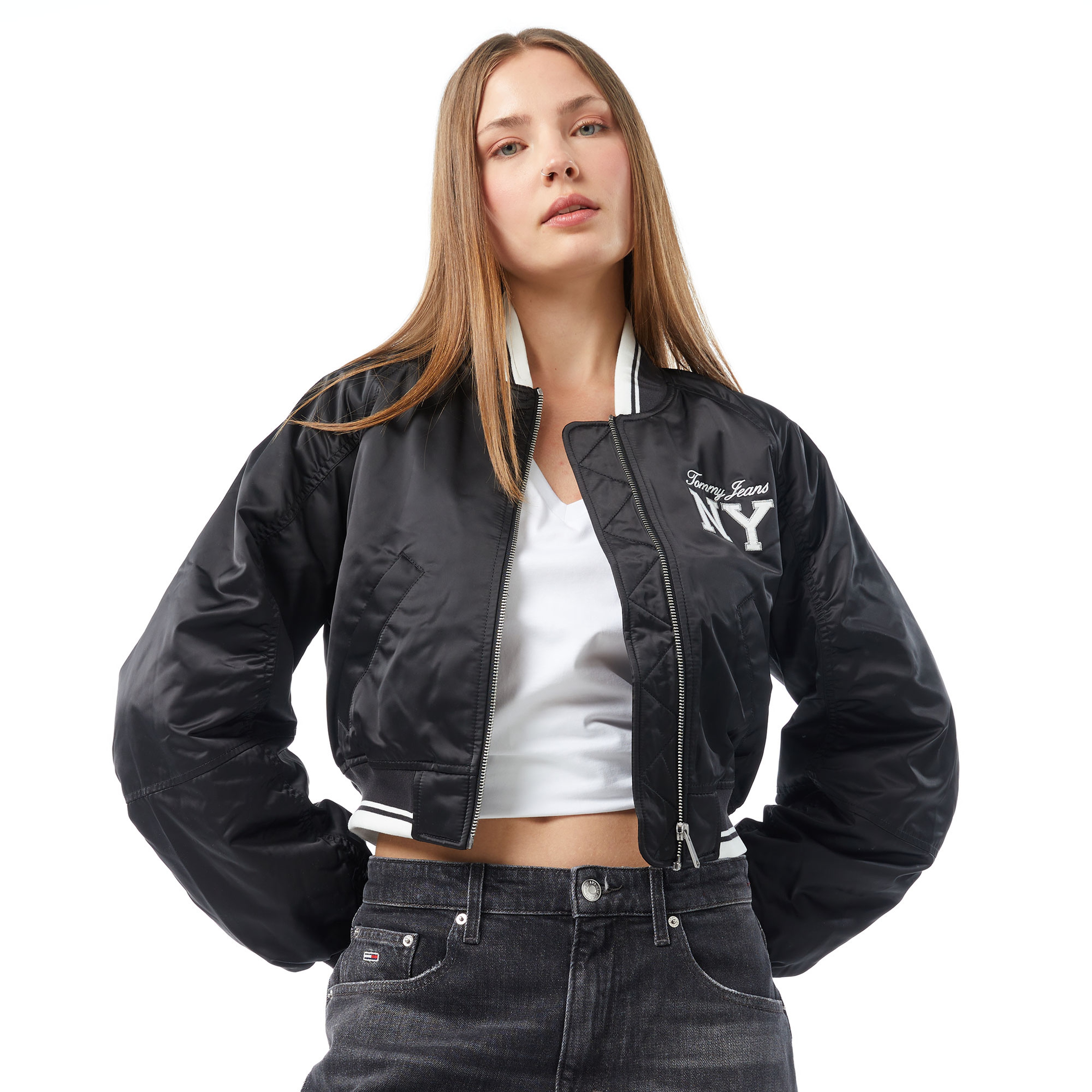 Tommy Jeans Crp Satin Varsity Bomber Kadın Siyah Ceket