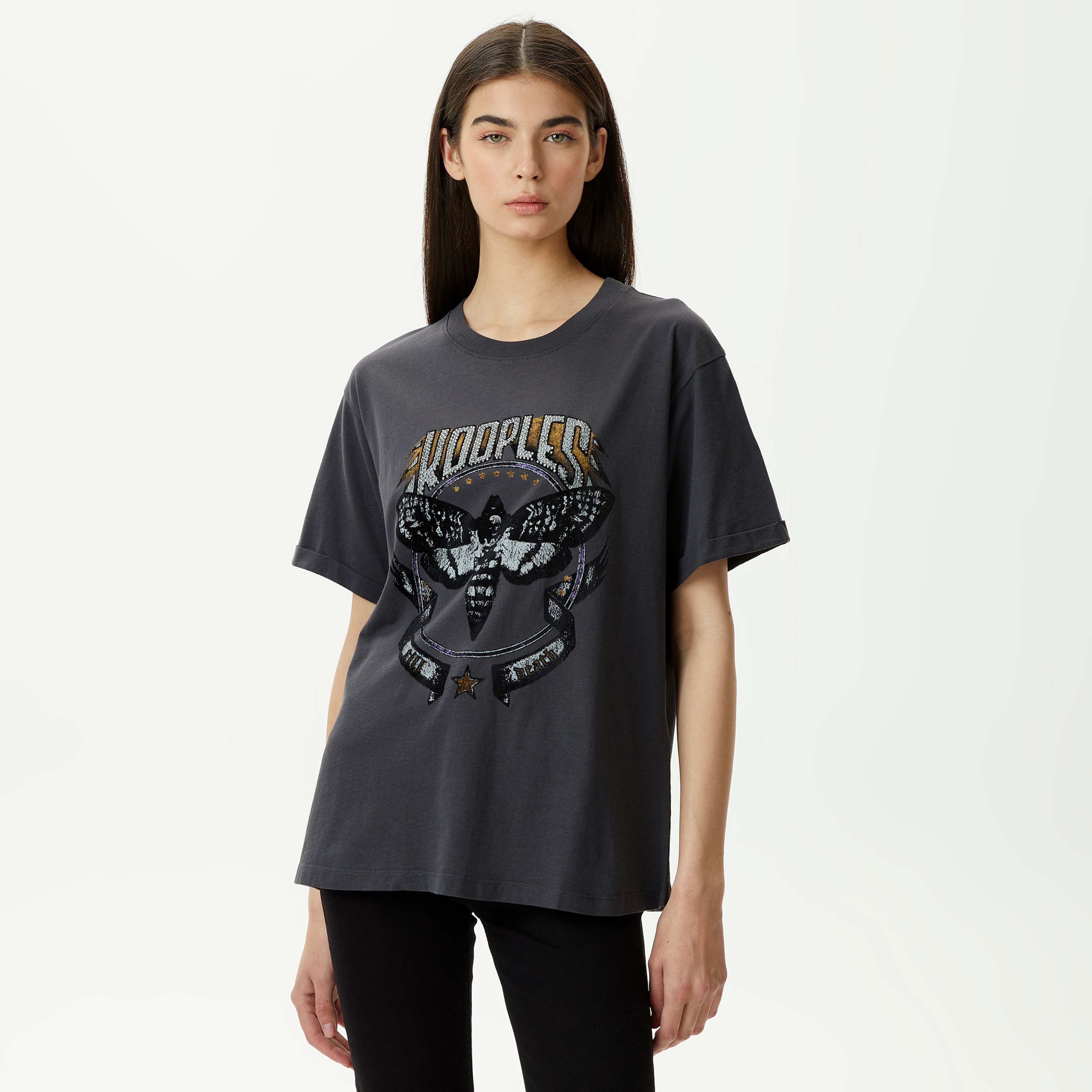 KADIN BASKILI BİSİKLET YAKA GRİ T-SHIRT