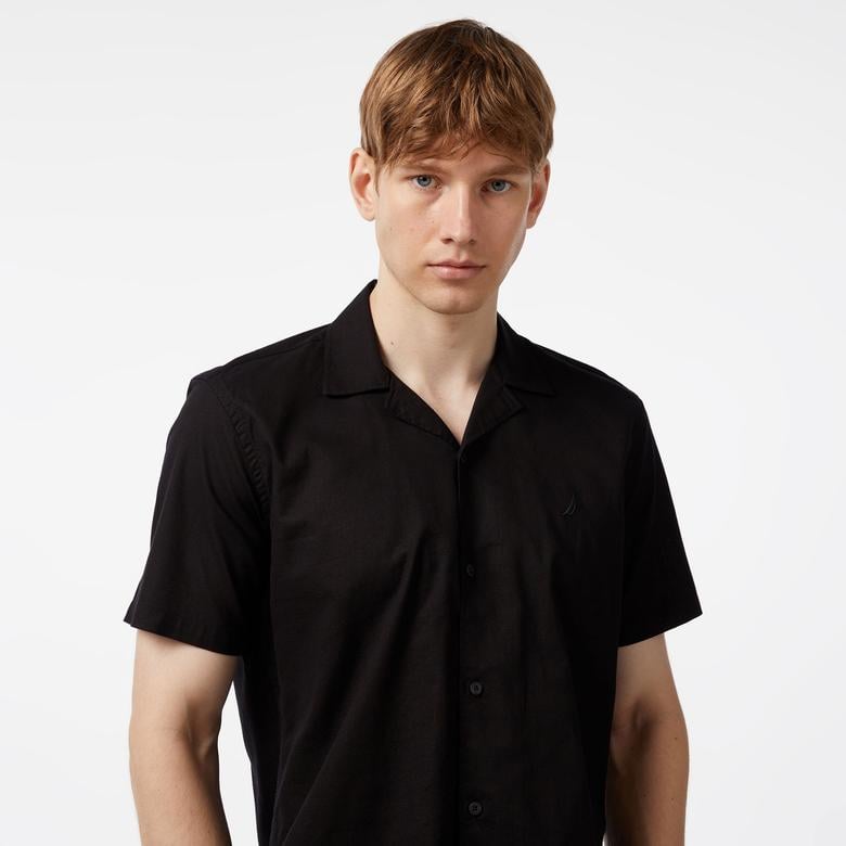 Nautica Erkek Siyah Oversize Kısa Kollu Keten Gömlek