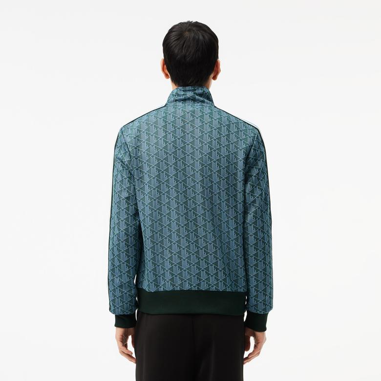 Erkek Regular Fit Fermuarlı Monogram Yeşil Sweatshirt