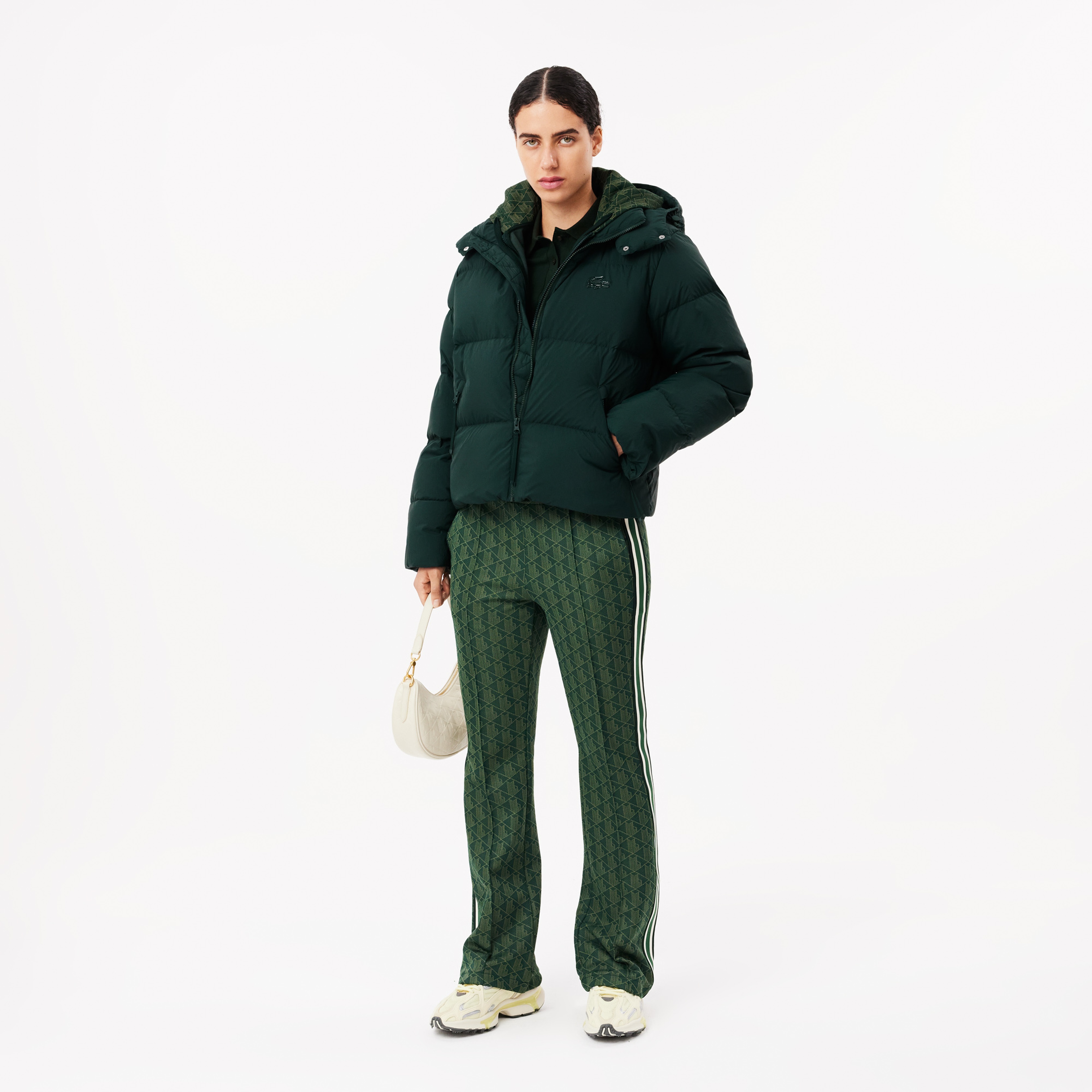 Kadın Relaxed Fit Kapüşonlu Koyu Yeşil Şişme Mont