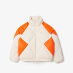 Kadın Oversize Fit Kapüşonlu Renk Bloklu Krem Şişme Mont