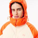 Kadın Oversize Fit Kapüşonlu Renk Bloklu Krem Şişme Mont