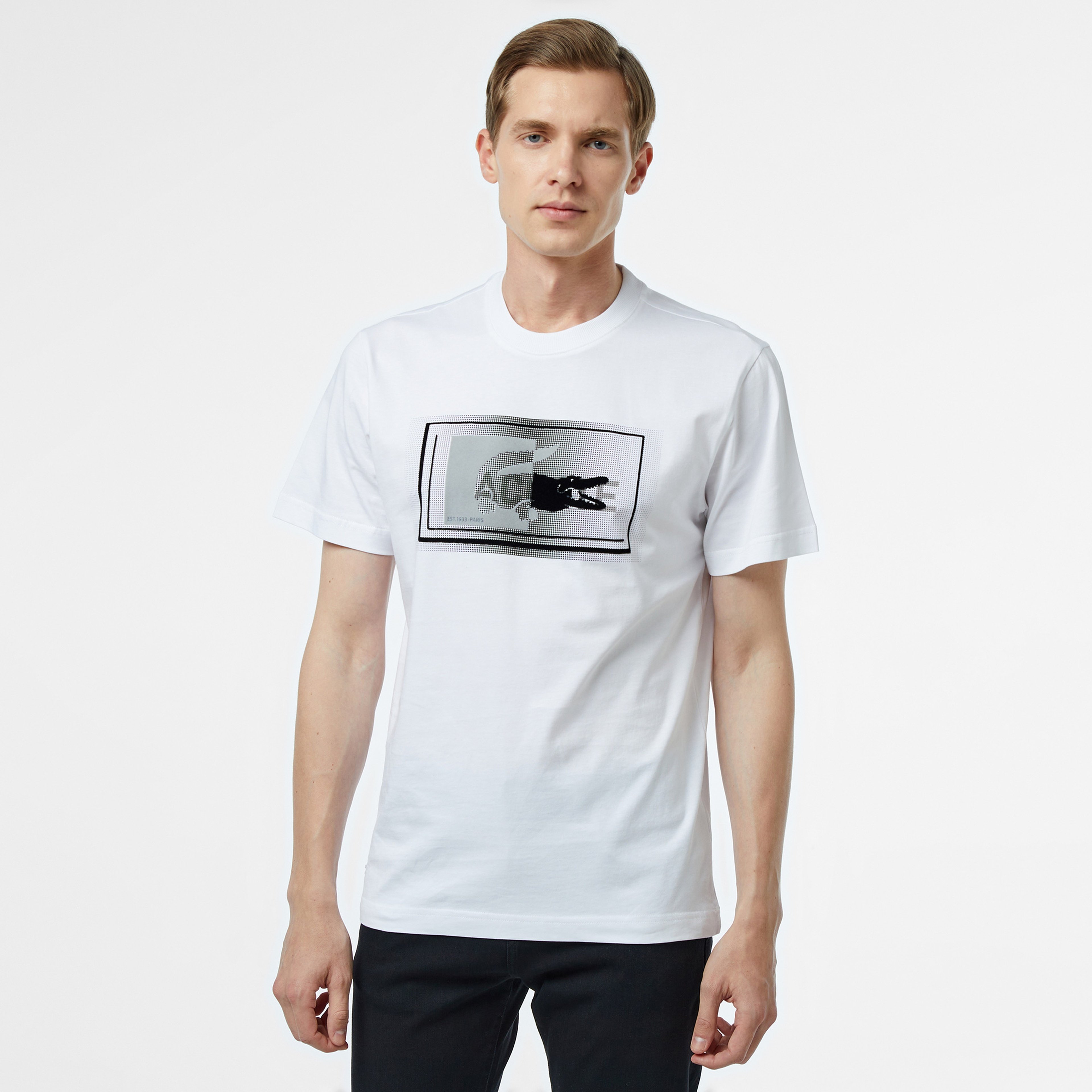 Lacoste Erkek Regular Fit Bisiklet Yaka Baskılı Beyaz T-Shirt