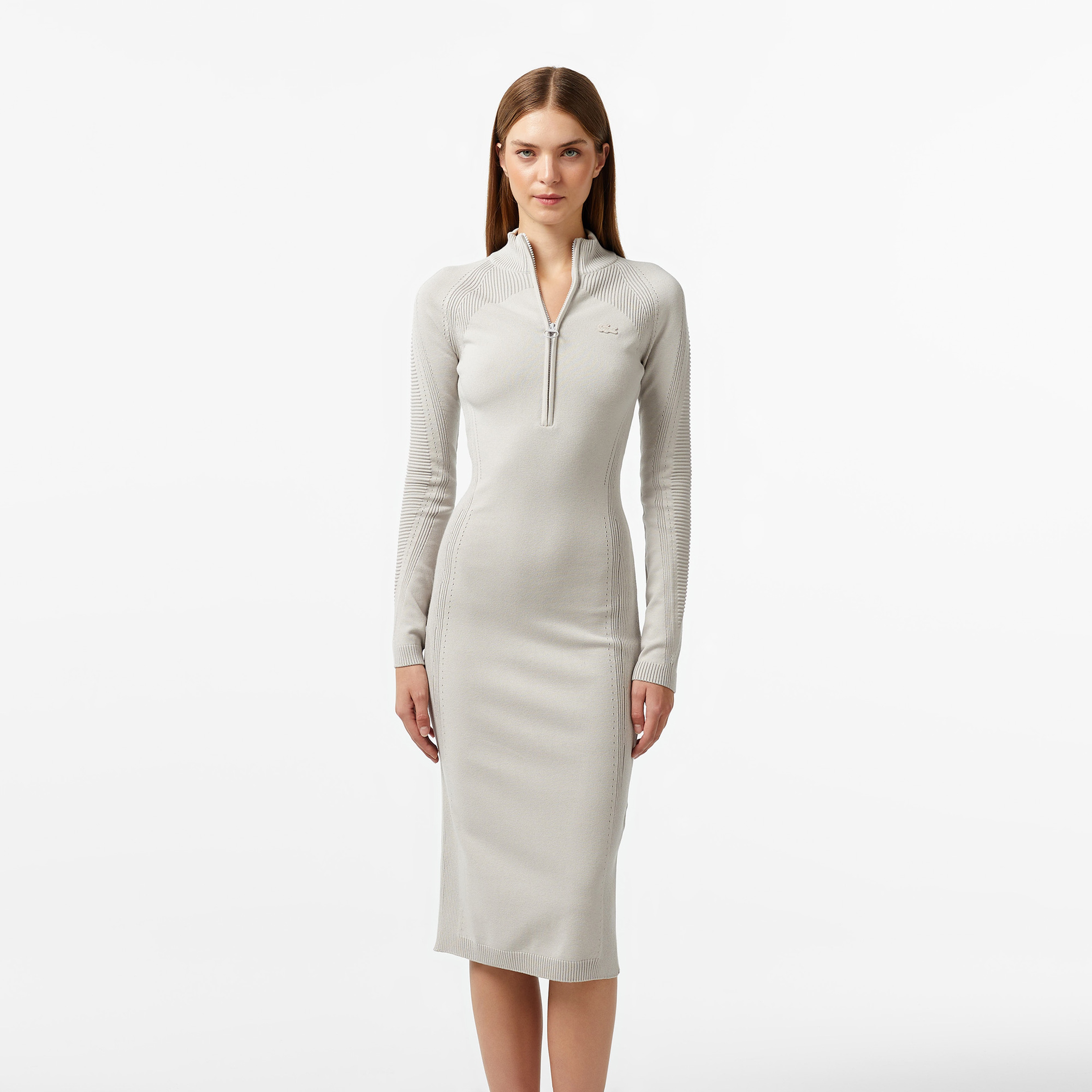 Kadın Slim Fit Uzun Kollu Yarım Fermuarlı Gri Elbise