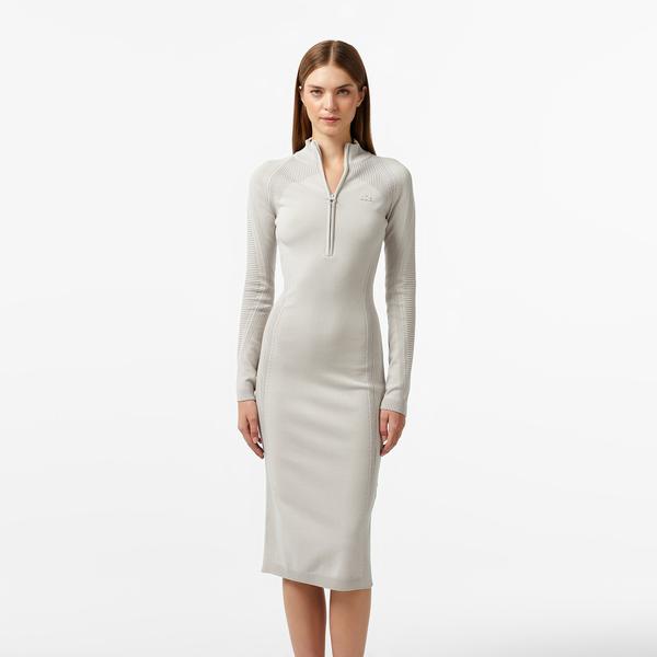 Kadın Slim Fit Uzun Kollu Yarım Fermuarlı Gri Elbise