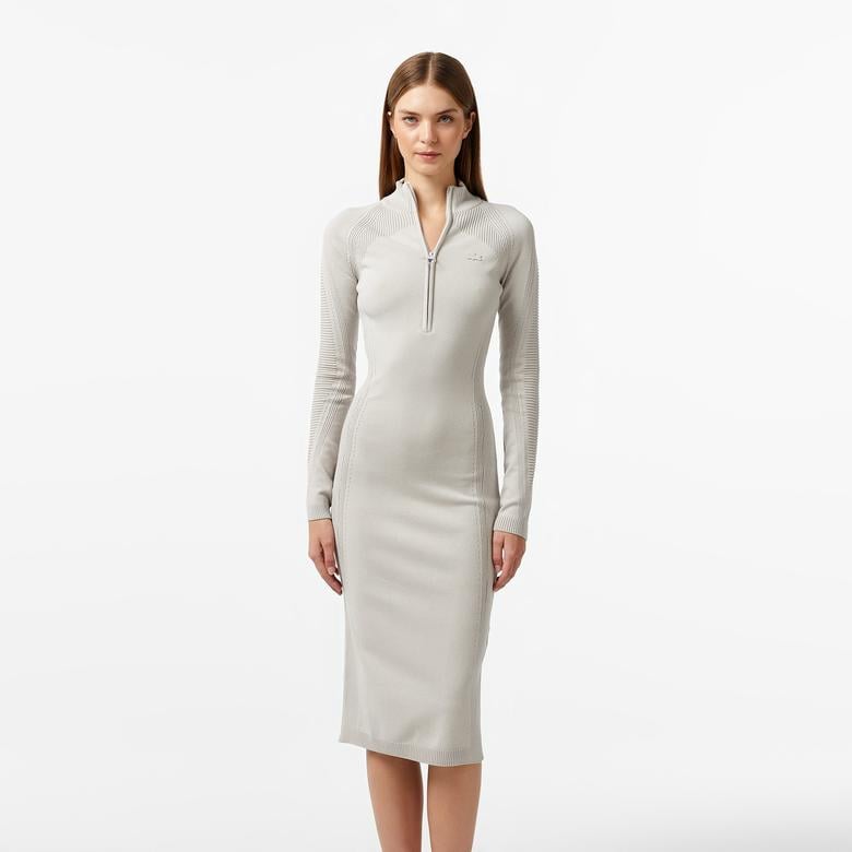 Kadın Slim Fit Uzun Kollu Yarım Fermuarlı Gri Elbise