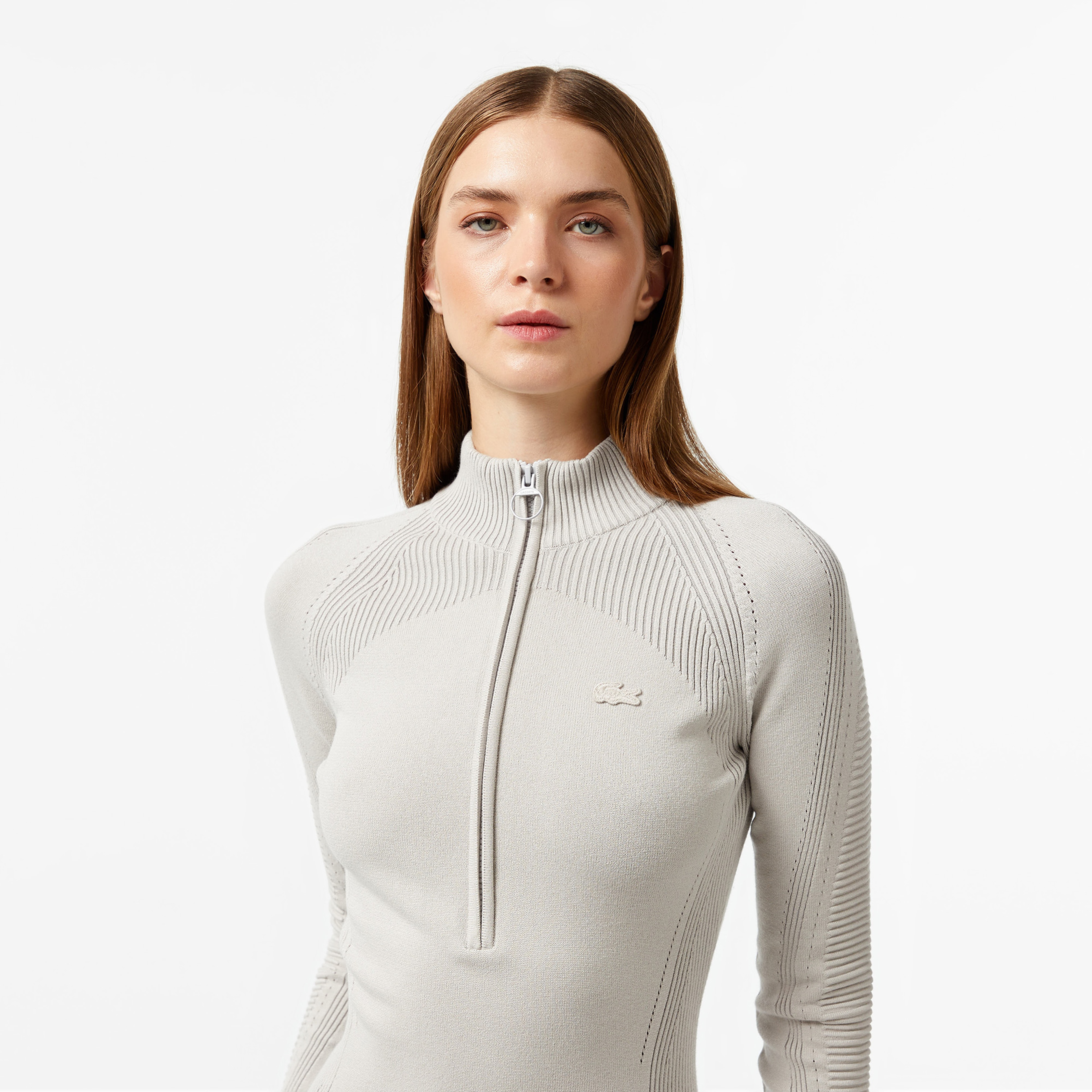 Kadın Slim Fit Uzun Kollu Yarım Fermuarlı Gri Elbise