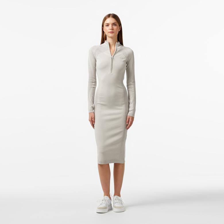 Kadın Slim Fit Uzun Kollu Yarım Fermuarlı Gri Elbise