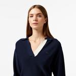 Kadın Regular Fit Polo Yaka Renk Bloklu Lacivert Triko