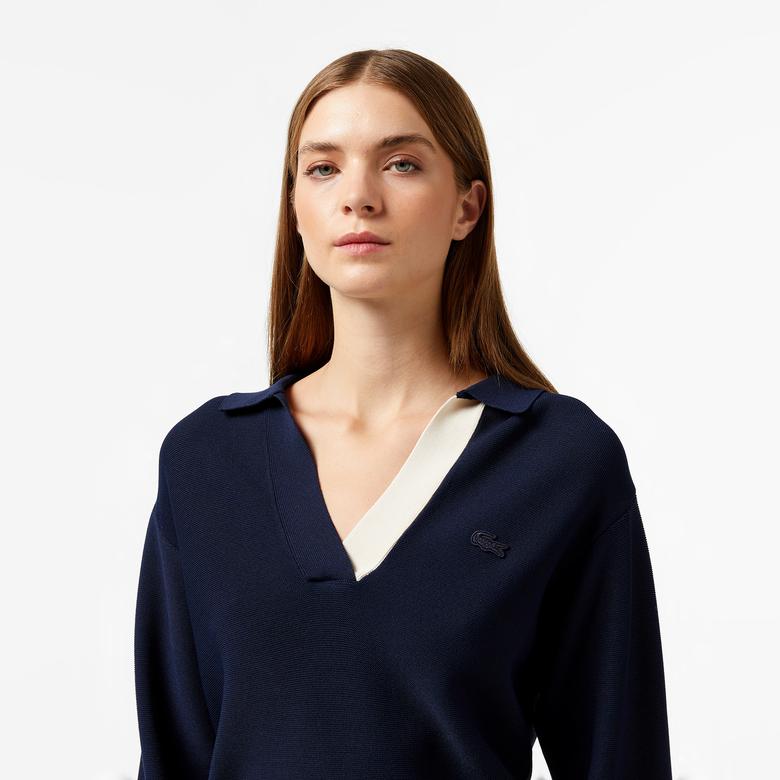 Kadın Regular Fit Polo Yaka Renk Bloklu Lacivert Triko