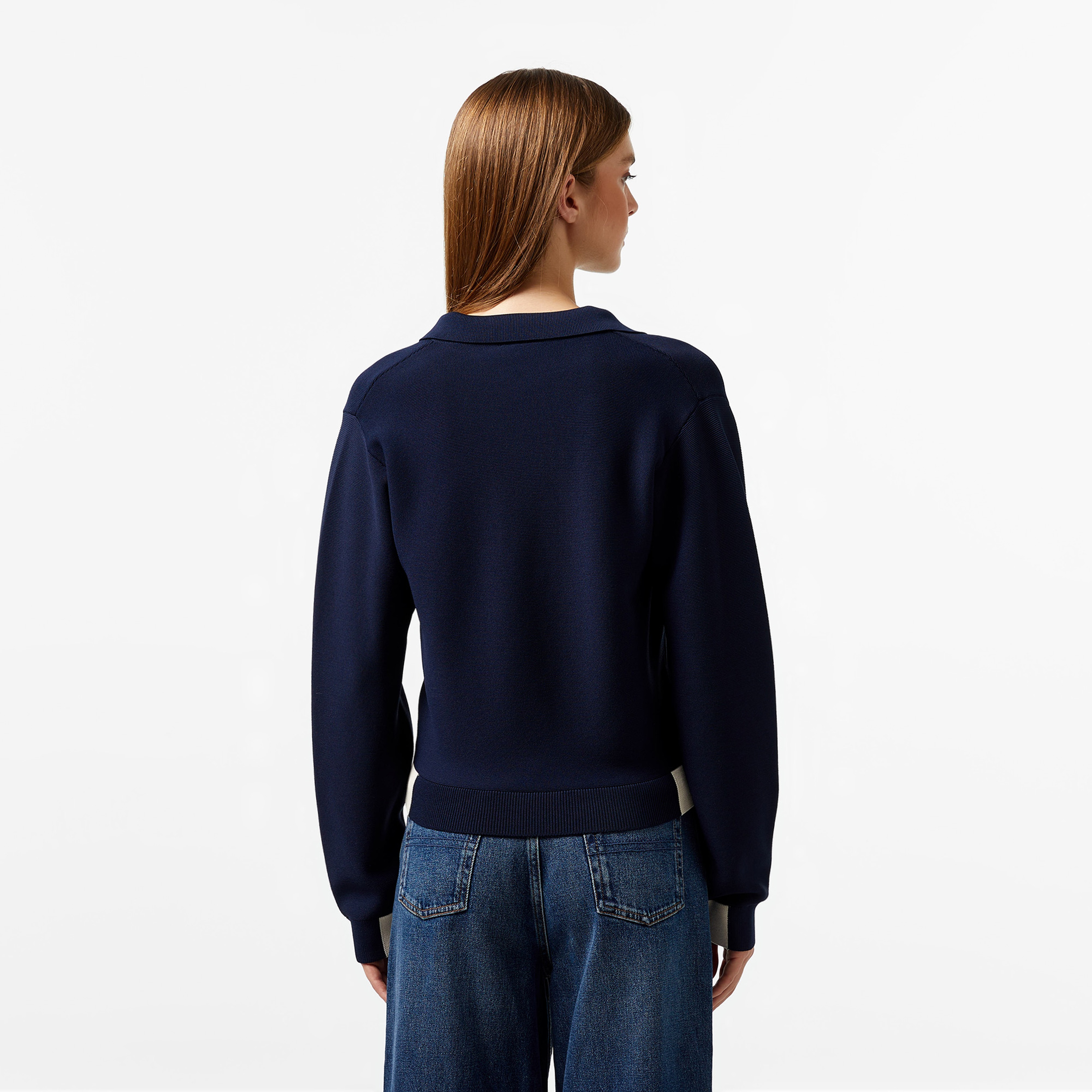 Kadın Regular Fit Polo Yaka Renk Bloklu Lacivert Triko