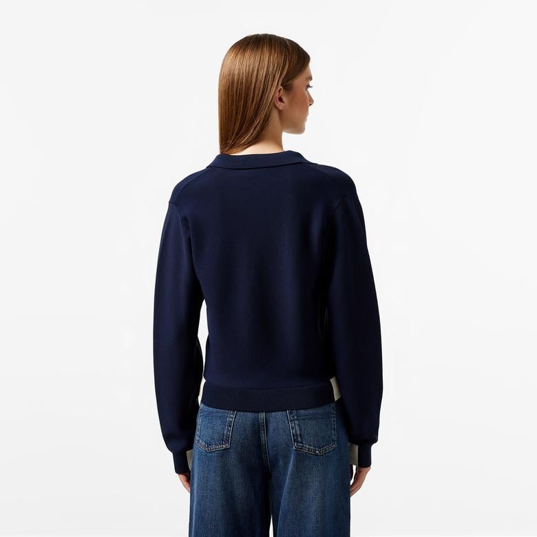 Kadın Regular Fit Polo Yaka Renk Bloklu Lacivert Triko