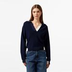 Kadın Regular Fit Polo Yaka Renk Bloklu Lacivert Triko