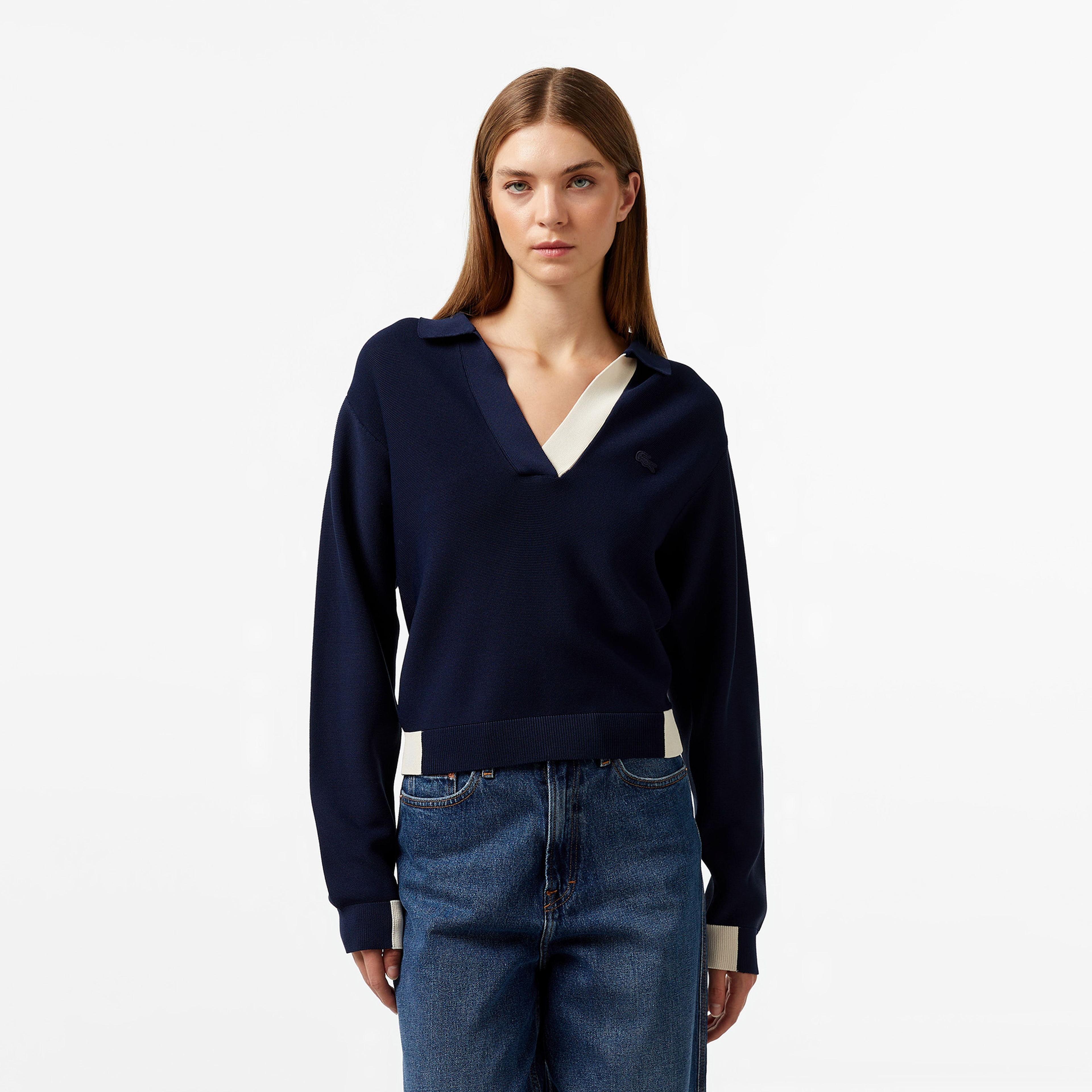 Kadın Regular Fit Polo Yaka Renk Bloklu Lacivert Triko