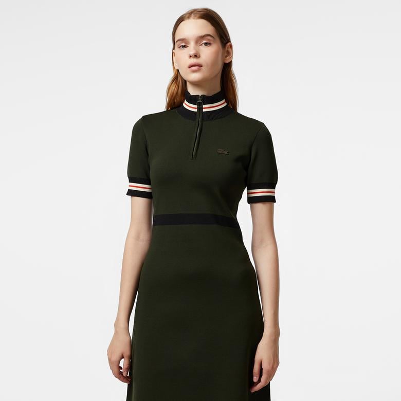 Kadın Flare Fit Kısa Kollu Dik Yaka Haki Elbise