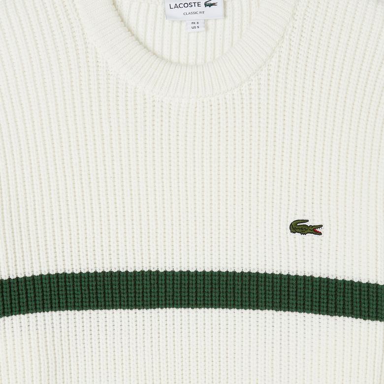 Erkek Relaxed Fit Bisiklet Yaka Çizgili Beyaz Kazak