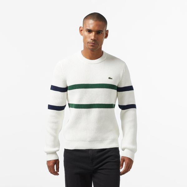 Erkek Relaxed Fit Bisiklet Yaka Çizgili Beyaz Kazak