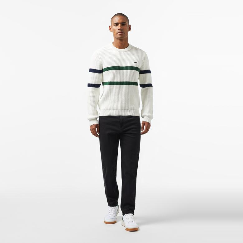 Erkek Relaxed Fit Bisiklet Yaka Çizgili Beyaz Kazak