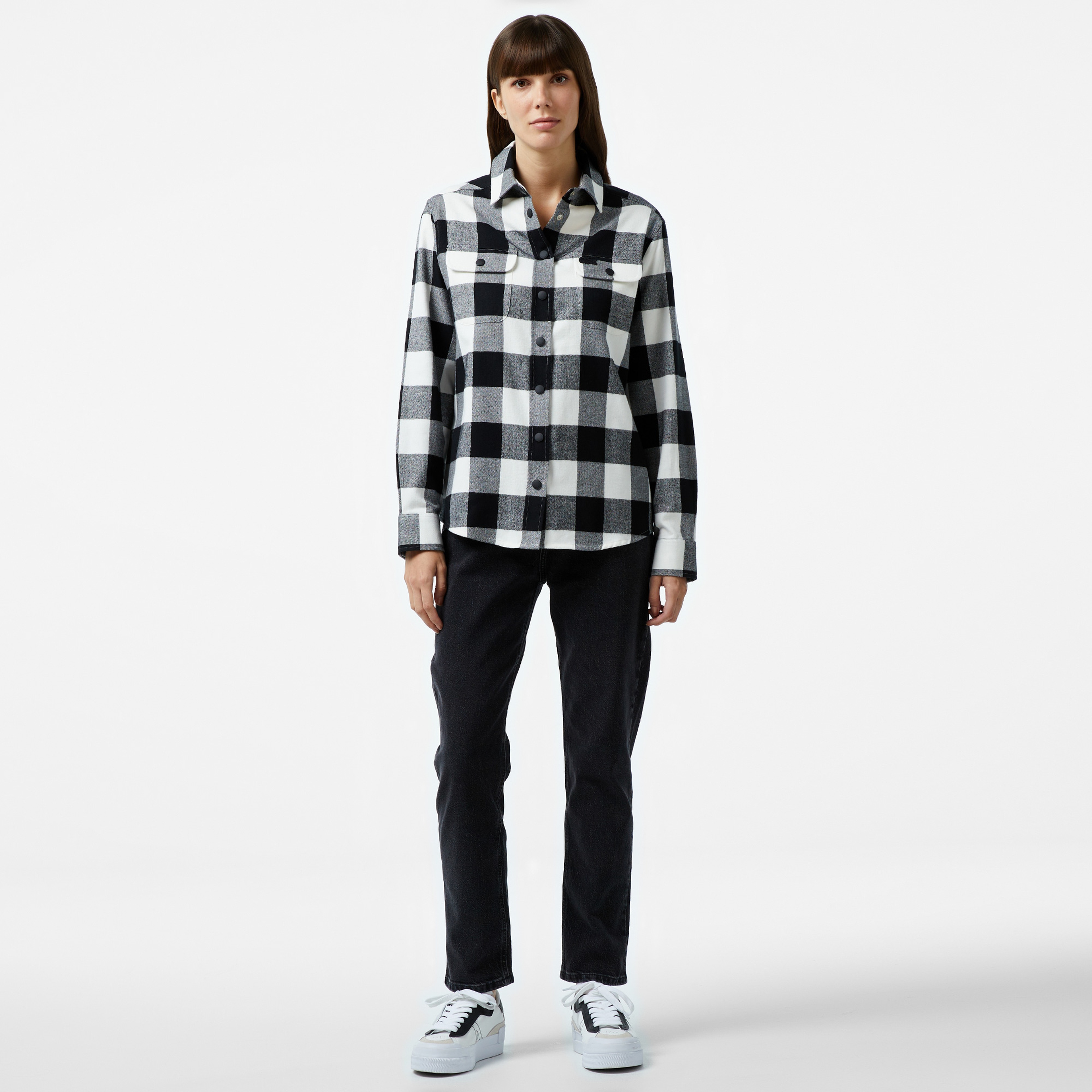 Kadın Regular Fit Ekose Siyah Gömlek