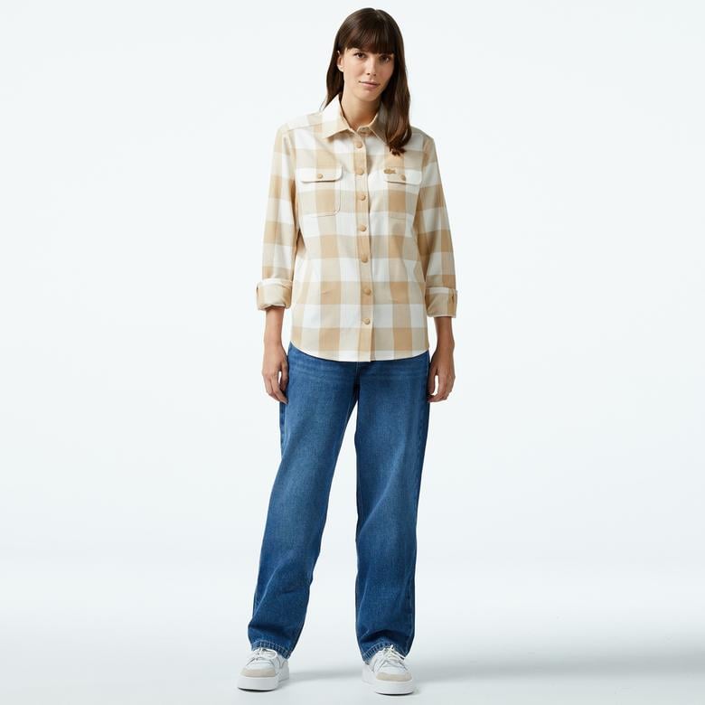 Kadın Regular Fit Ekose Bej Gömlek