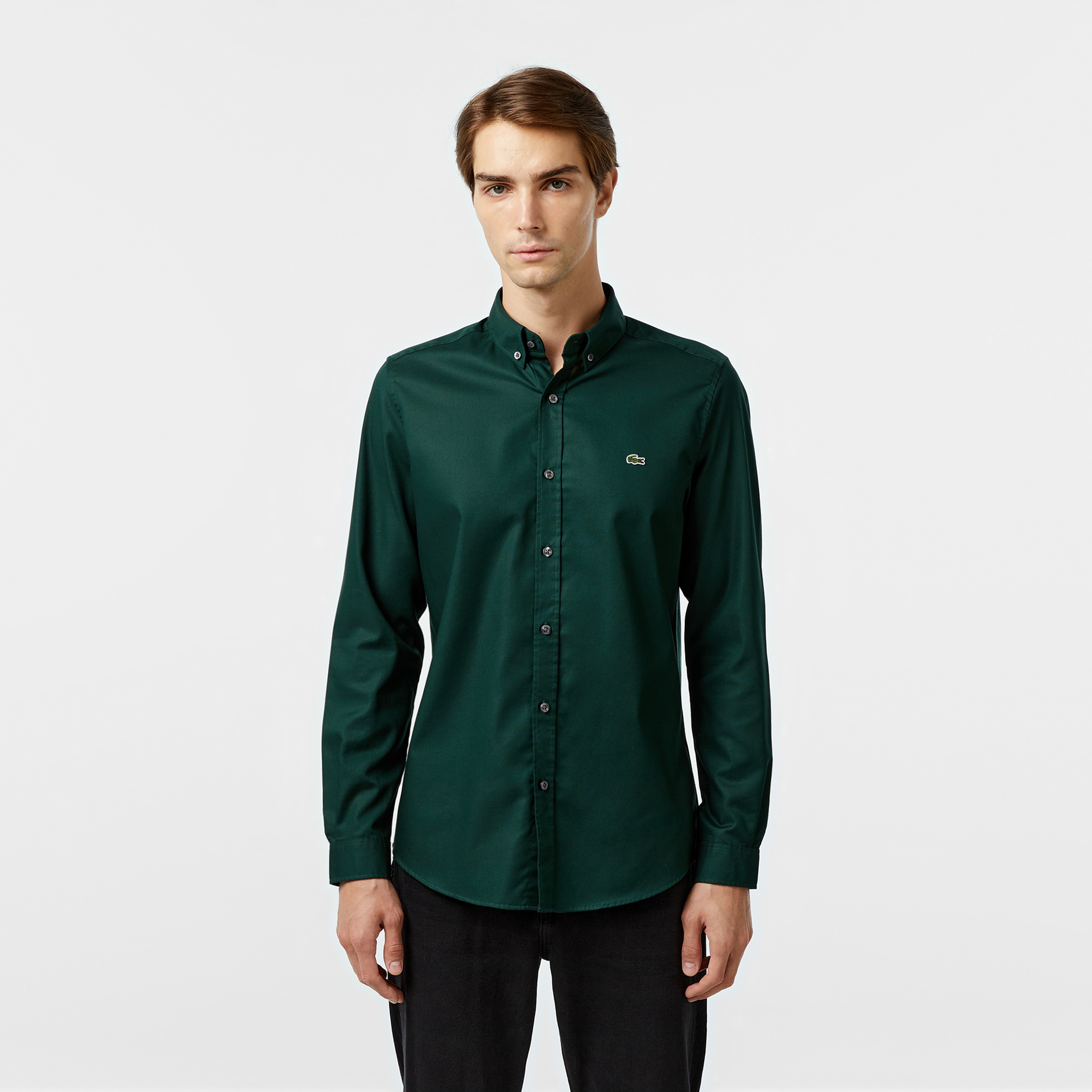 Erkek Slim Fit Düğmeli Yaka Koyu Yeşil Gömlek