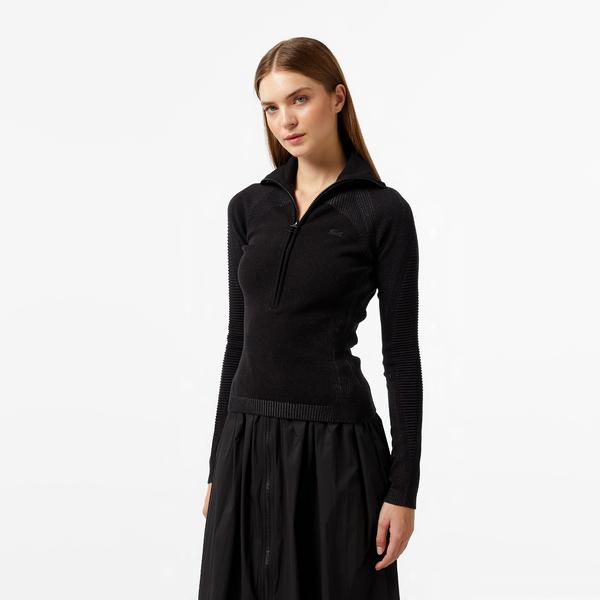 Kadın Slim Fit Yarım Fermuarlı Siyah Triko