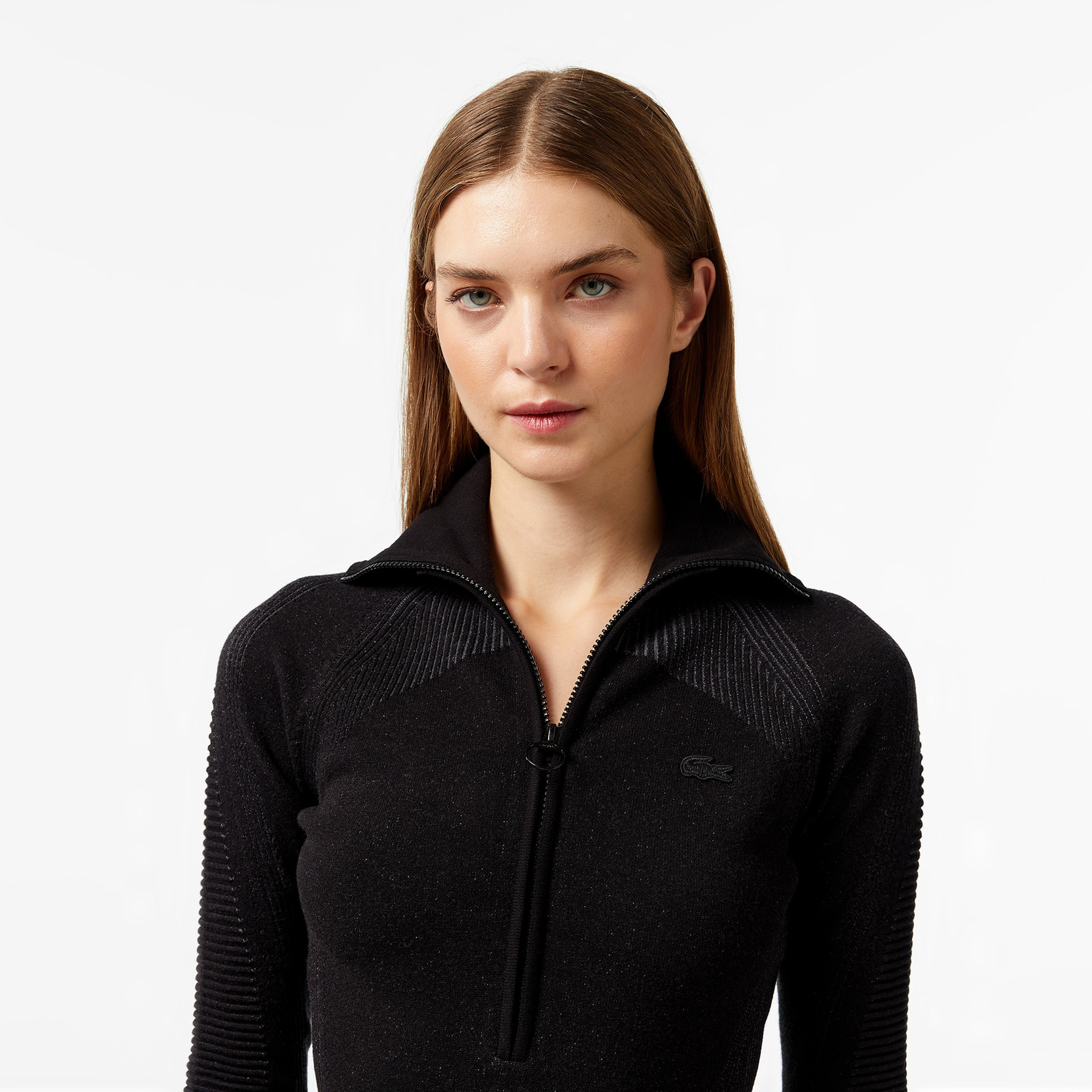 Kadın Slim Fit Yarım Fermuarlı Siyah Triko