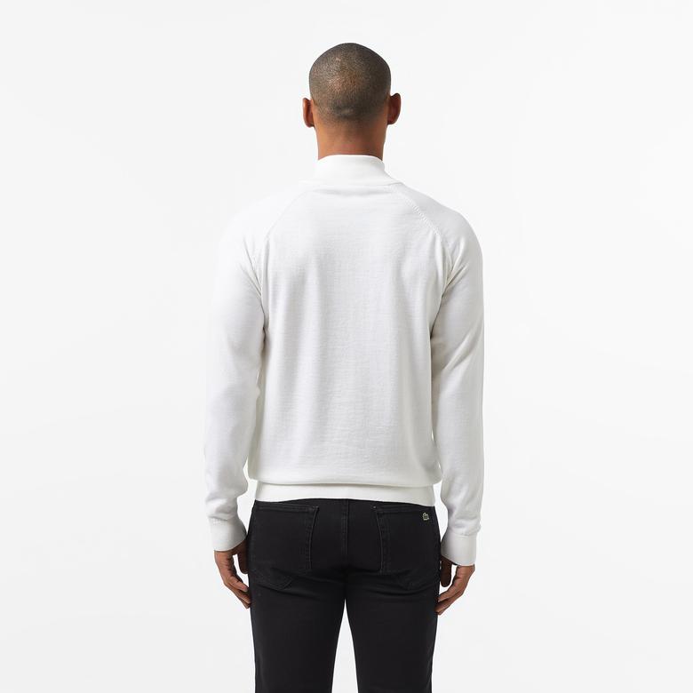 Erkek Regular Fit Yarım Fermuarlı Beyaz Triko
