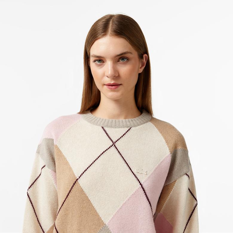 Kadın Regular Fit Bisiklet Yaka Renk Bloklu Bej Triko