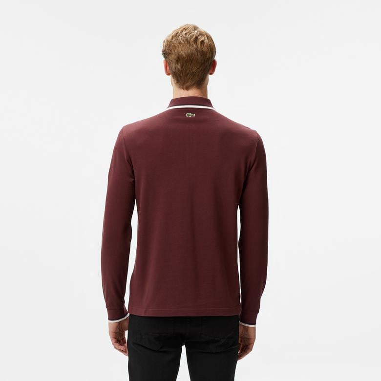 Erkek Regular Fit Uzun Kollu Yarım Fermuarlı Bordo Polo