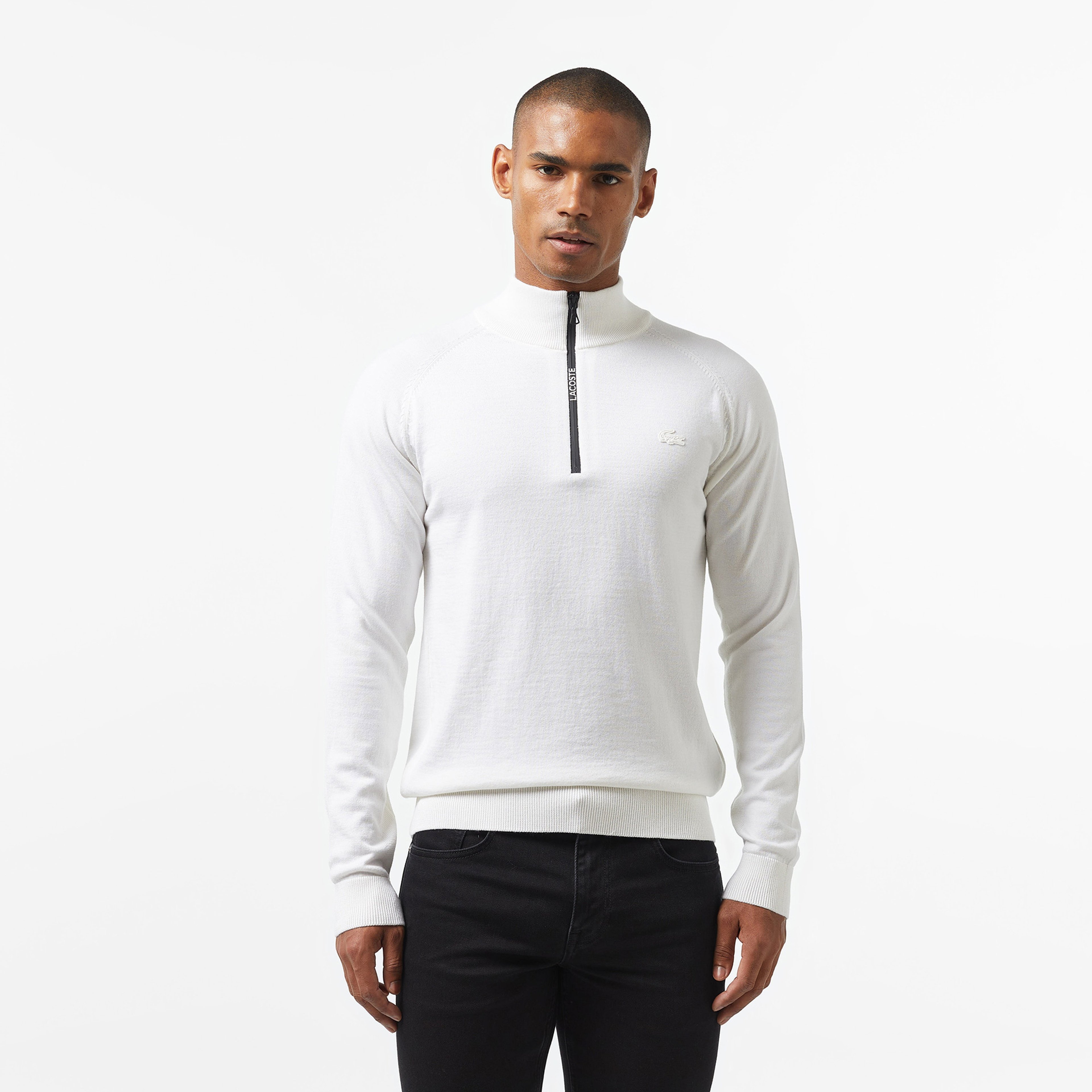 Erkek Regular Fit Yarım Fermuarlı Beyaz Triko