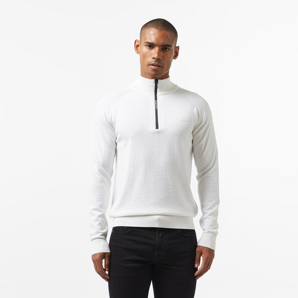 Erkek Regular Fit Yarım Fermuarlı Beyaz Triko