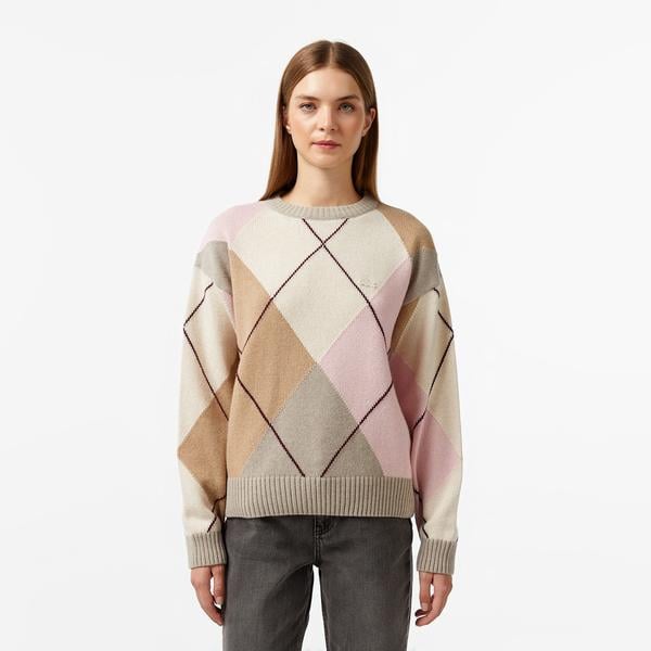 Kadın Regular Fit Bisiklet Yaka Renk Bloklu Bej Triko