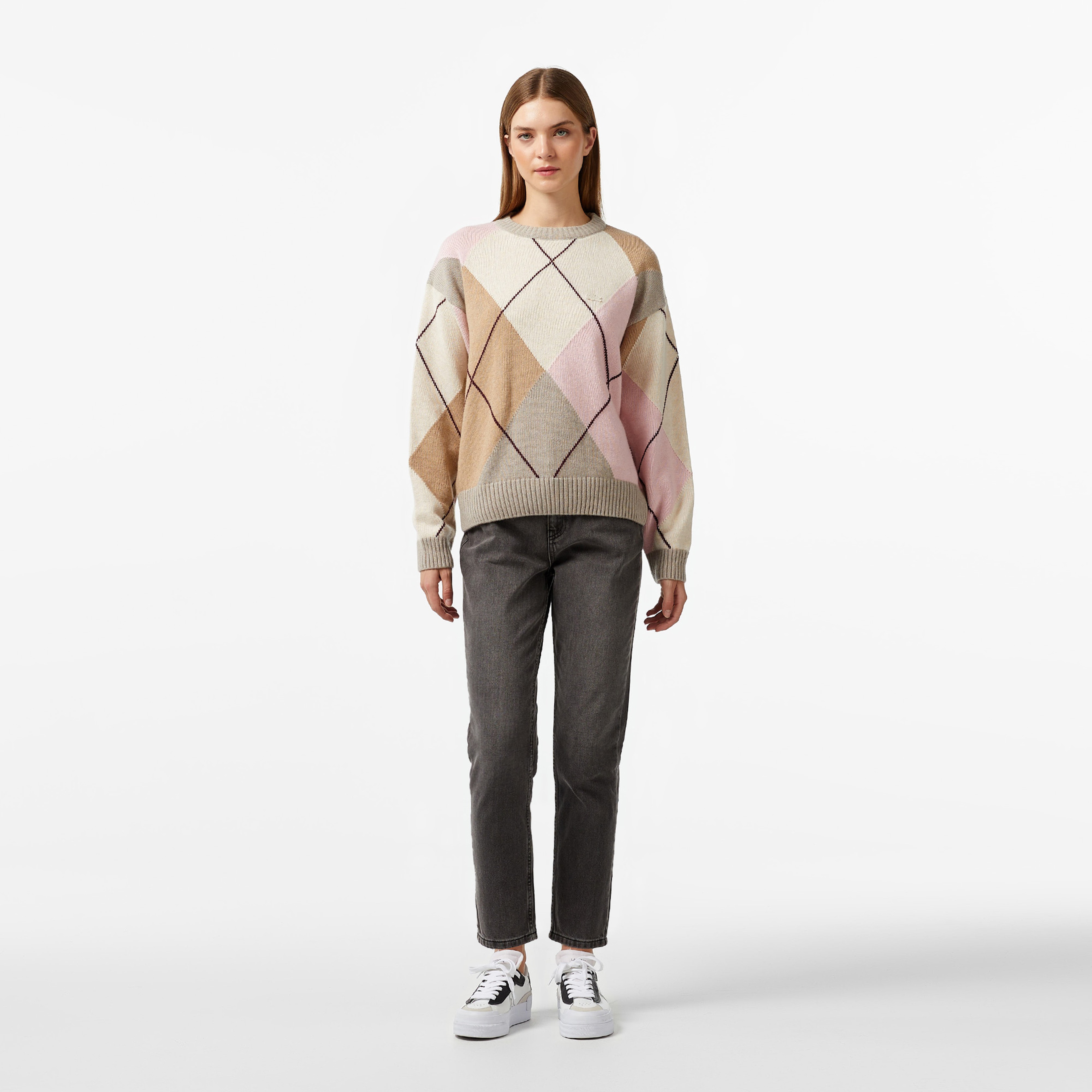 Kadın Regular Fit Bisiklet Yaka Renk Bloklu Bej Triko