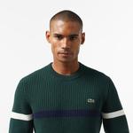 Erkek Relaxed Fit Bisiklet Yaka Çizgili Koyu Yeşil Kazak